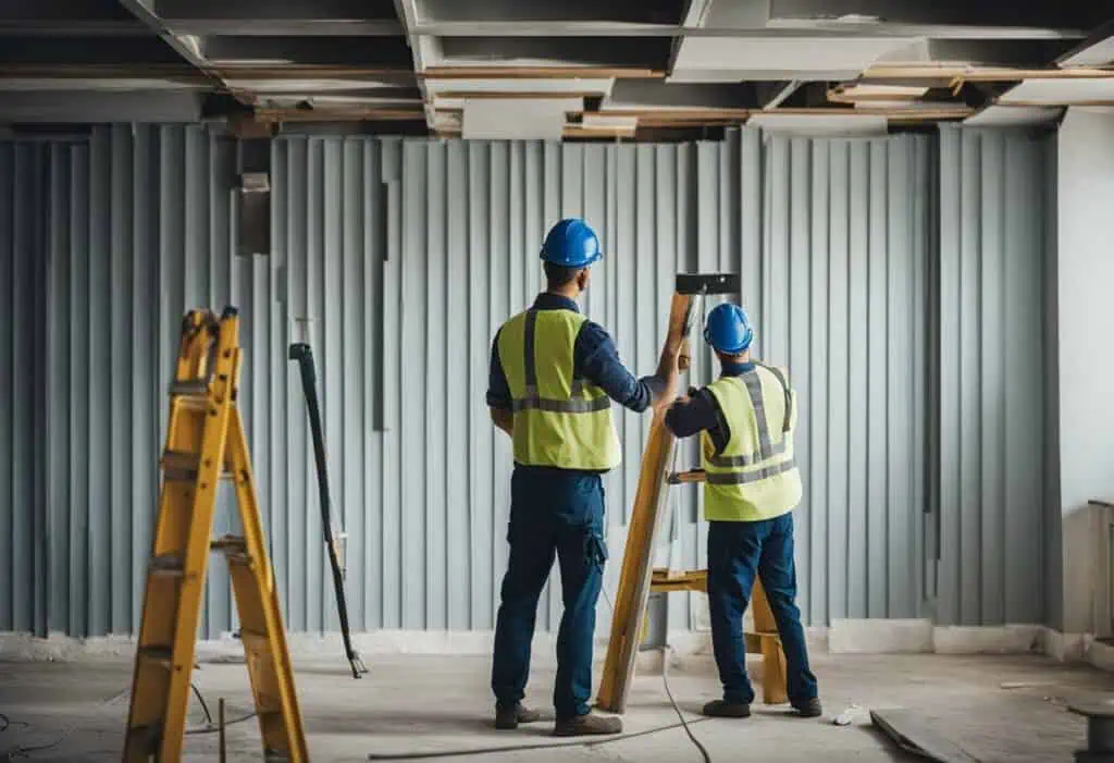 Two construction workers installing ceiling panels in a commercial renovation project.