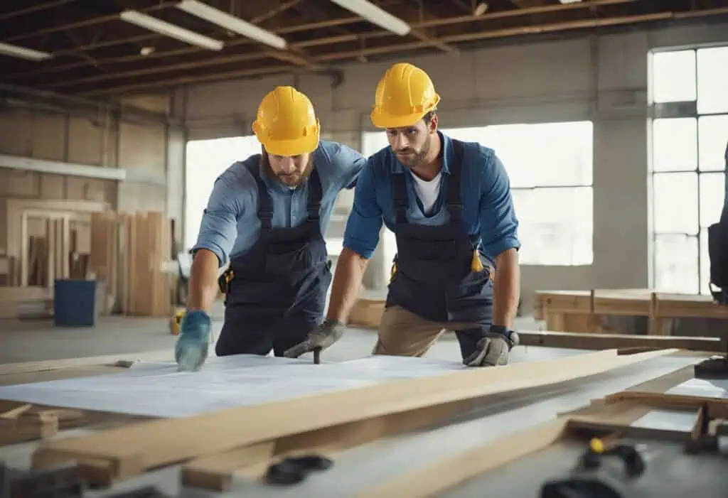 Two builders reviewing plans in a woodworking workshop for renovation projects.