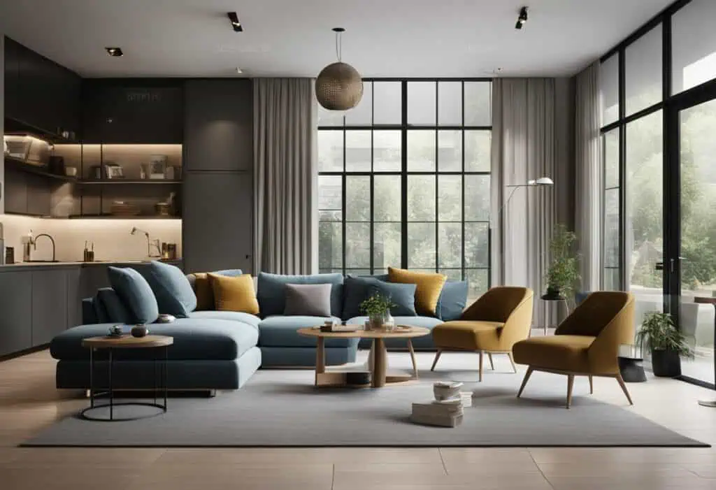 Contemporary living room featuring elegant sofas, armchairs, and a cozy ambiance with natural light.