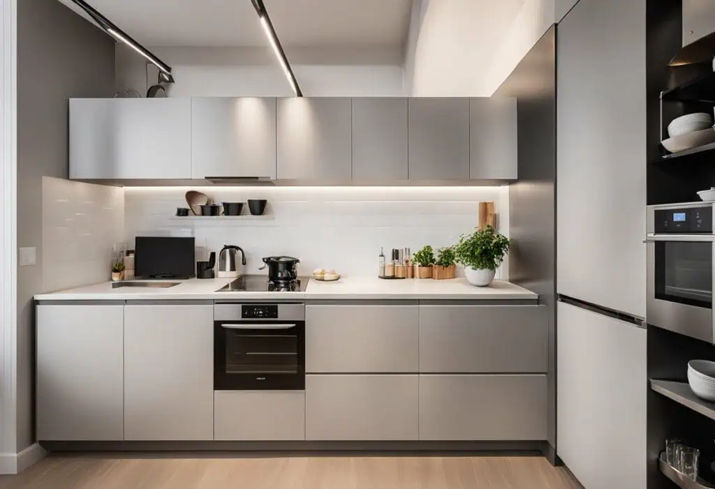 Sleek white kitchen with built-in appliances and minimalist storage solutions.