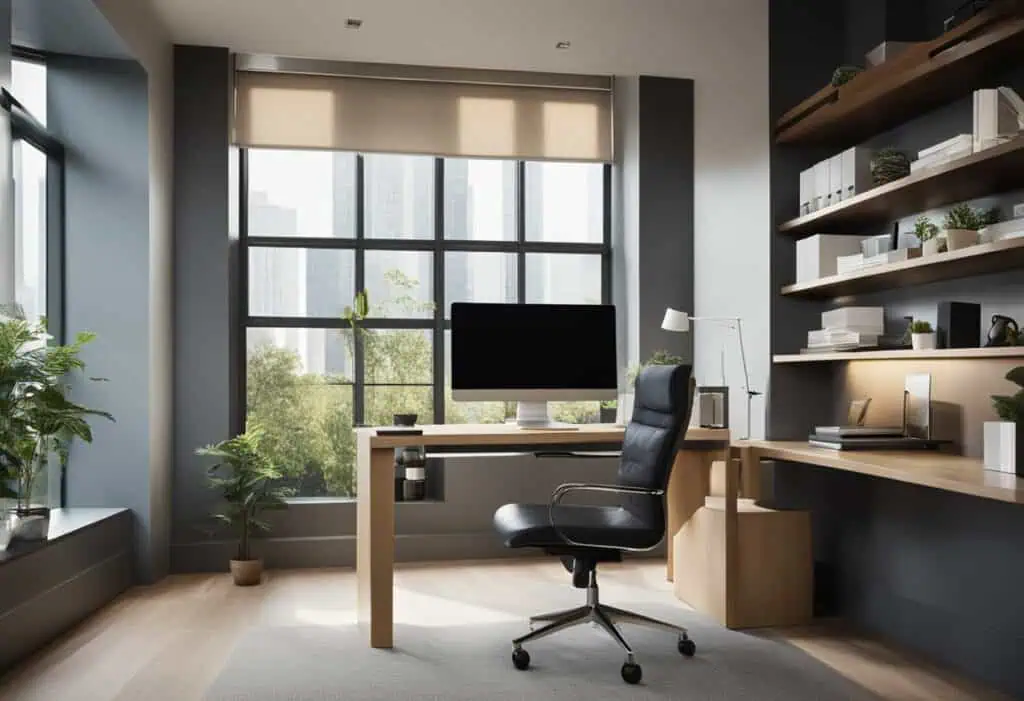 Bright office with large windows and minimalist furniture for small workspace efficiency.