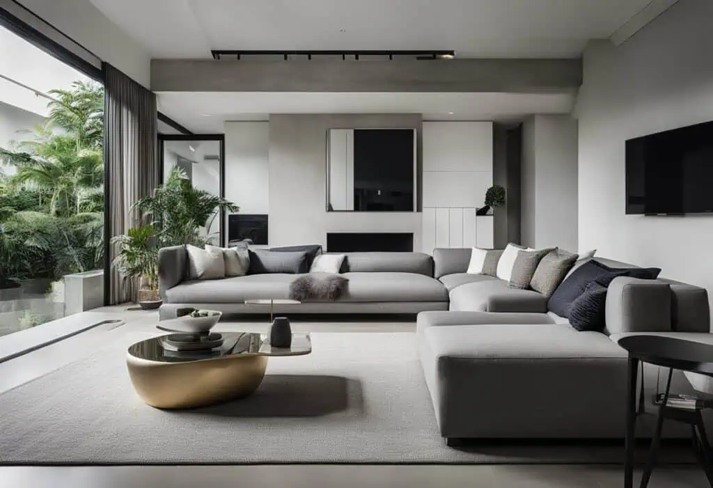 Contemporary concrete furniture in a stylish Singapore living room setting.
