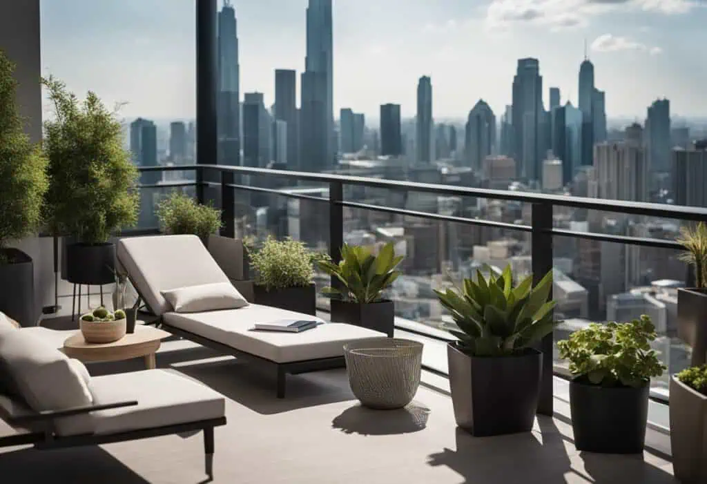 Balcony outdoor space with stylish furniture and lush plants overlooking a vibrant city skyline. Per.
