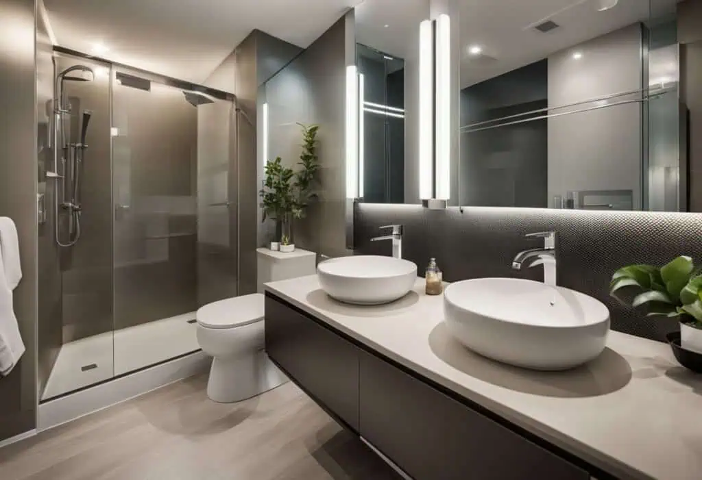Elegant condo bathroom featuring dual sinks, a glass shower, and contemporary design elements.