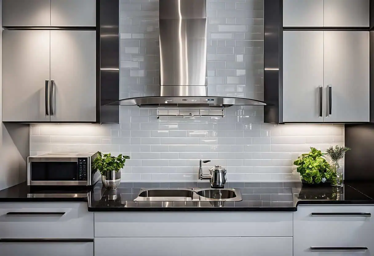 Elegant condo kitchen design with minimalist cabinets and stainless steel range hood.