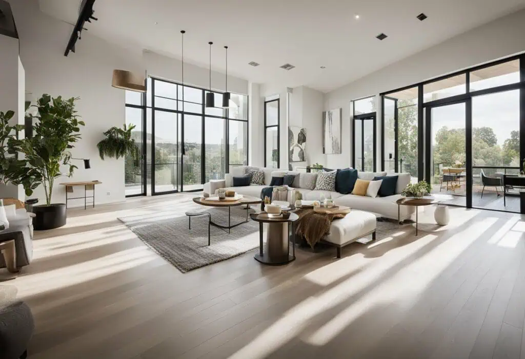 Bright, spacious condo living room featuring large windows, contemporary furniture, and stylish deco.