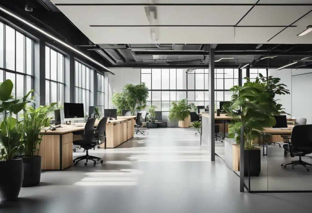 Contemporary container office design featuring spacious workstations, lush greenery, and large windo.