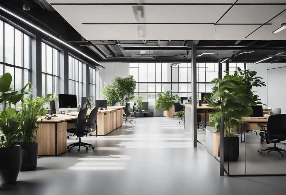Contemporary container office design featuring spacious workstations, lush greenery, and large windo.