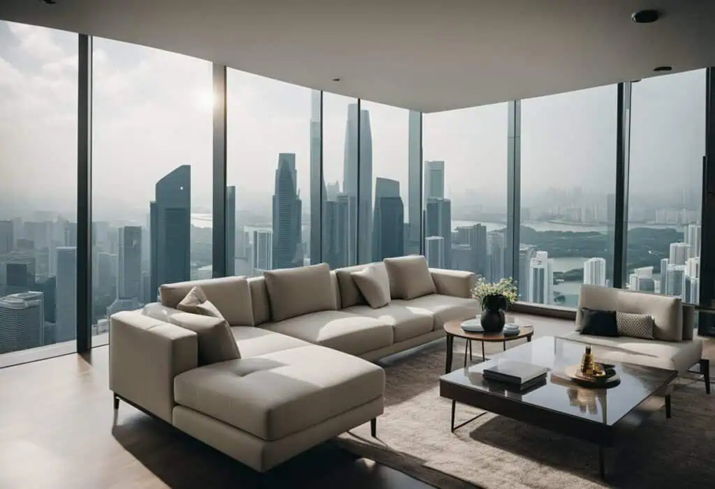 Contemporary living room with city skyline view in Singapore.