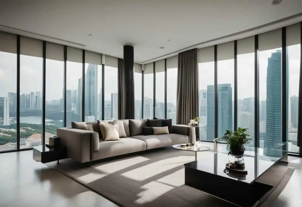 Elegant contemporary sofa in a luxurious high-rise apartment.