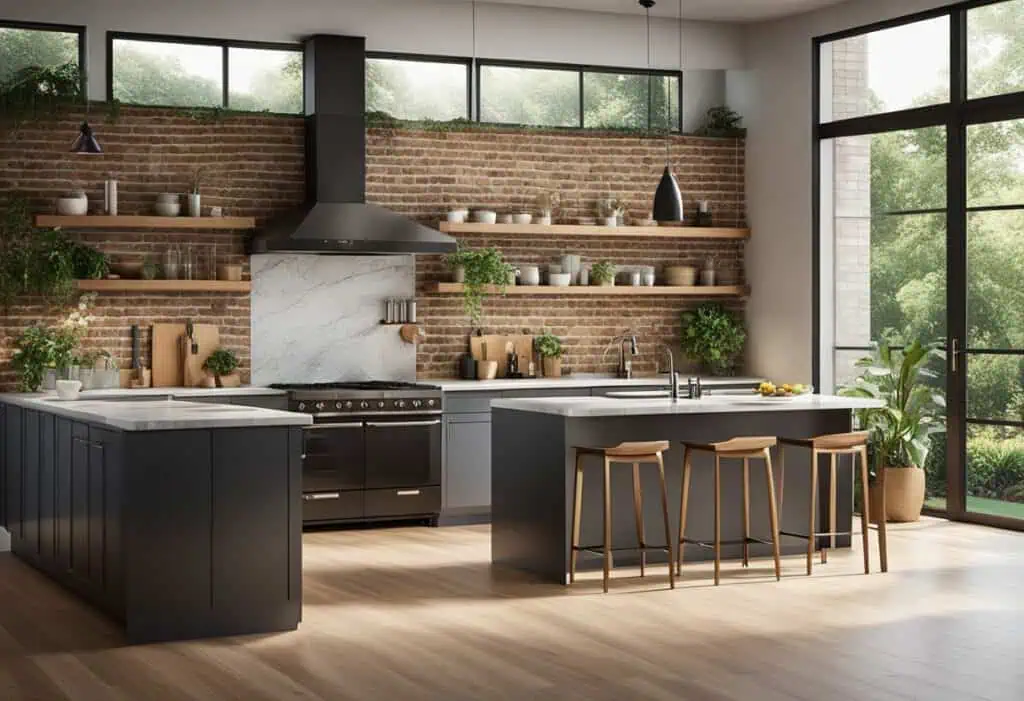 Contemporary kitchen with brick walls, black cabinetry, and large windows for natural light.
