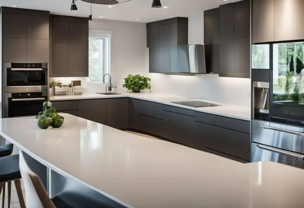 Contemporary minimalist kitchen with sleek dark cabinetry and white countertops.
