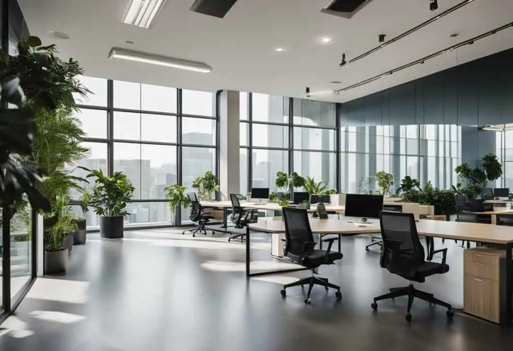Contemporary office design featuring spacious workstations, large windows, and lush indoor plants fo.