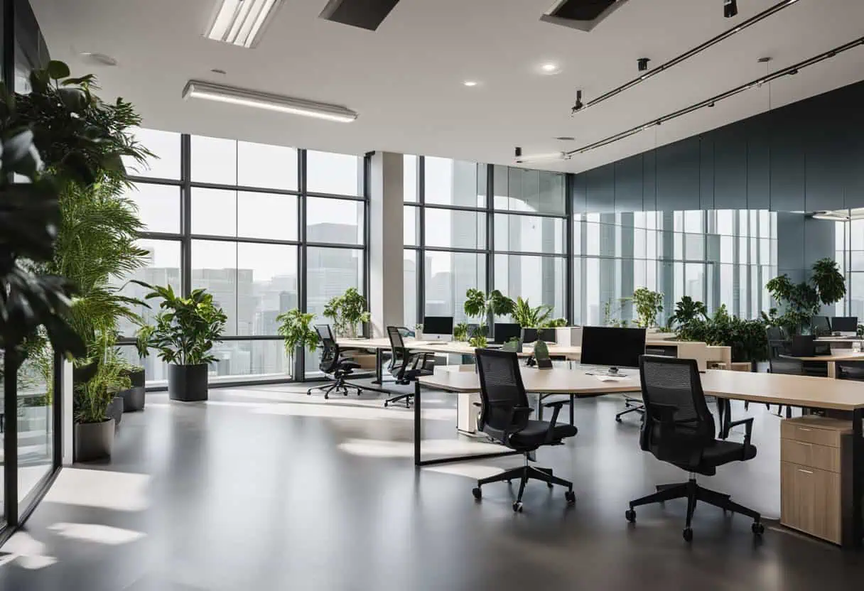 Contemporary office design featuring spacious workstations, large windows, and lush indoor plants fo.