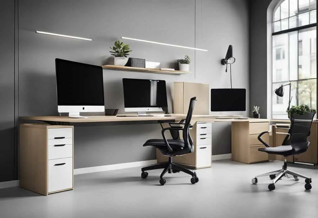 Modern office with sleek desks, ergonomic chairs, and minimalist decor for a stylish workspace.