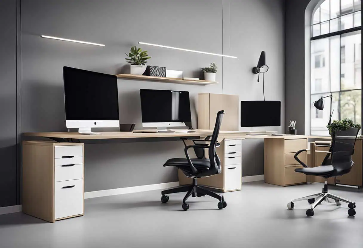 Modern office with sleek desks, ergonomic chairs, and minimalist decor for a stylish workspace.