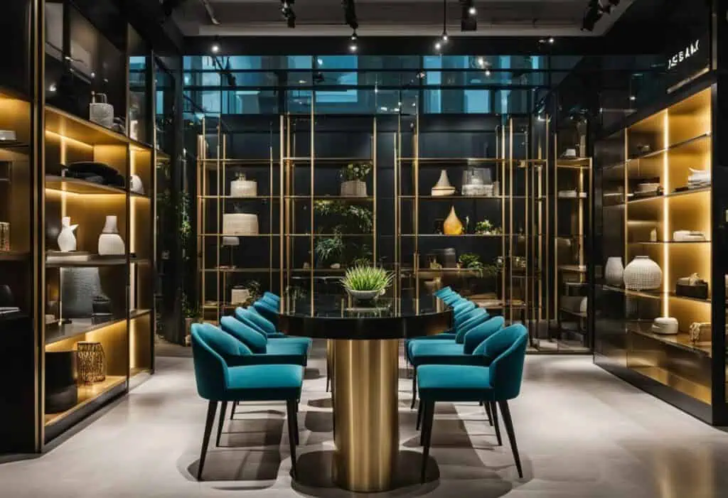Stylish furniture shop showcasing unique home decor pieces with sleek black and gold accents.