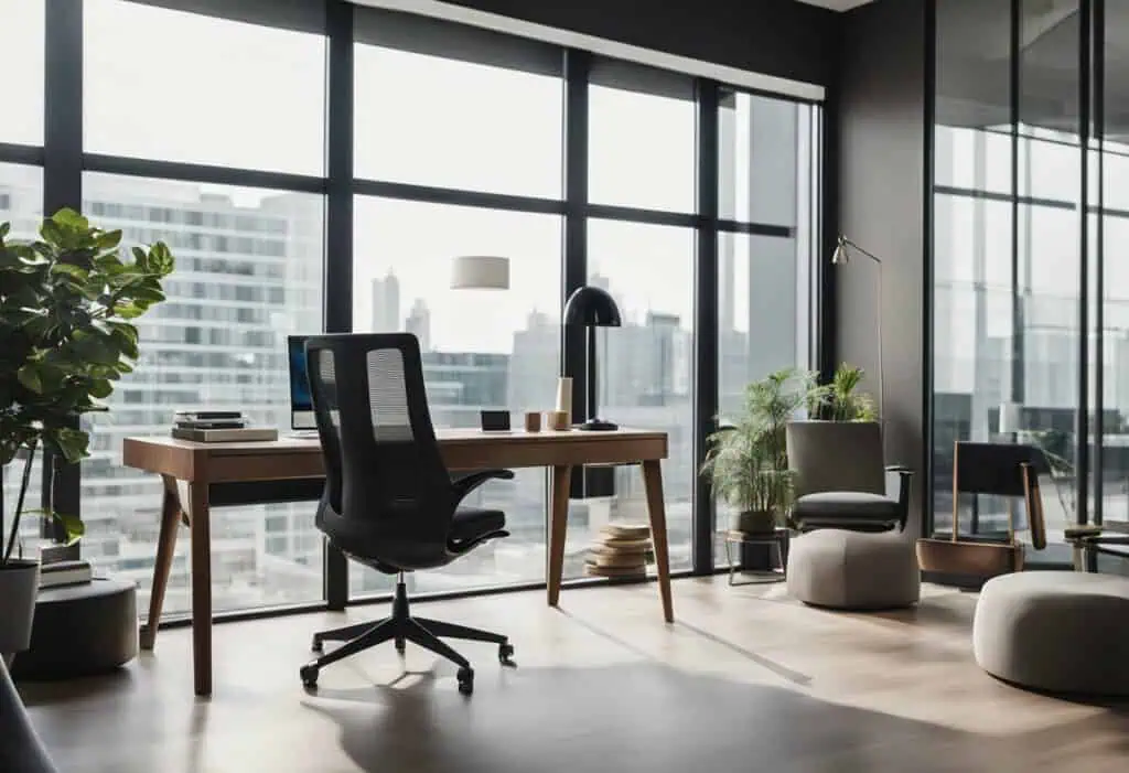 Spacious home office featuring large windows, ergonomic furniture, and a sleek workspace setup.