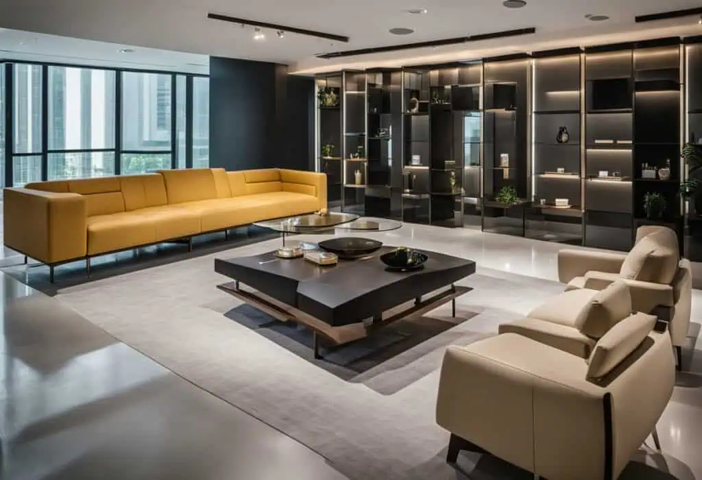 Stylish modern living room with yellow sofa and black shelving unit.