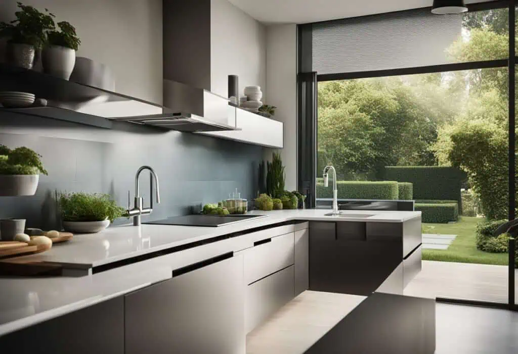 Sleek corner kitchen sink with ample counter space and modern style.
