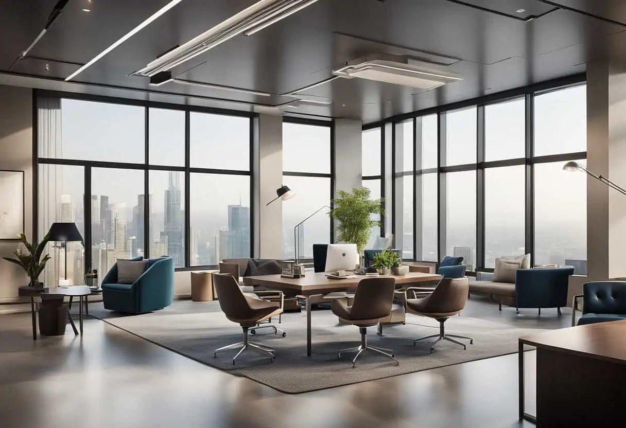 Elegant workspace featuring large windows, contemporary seating, and a professional ambiance.
