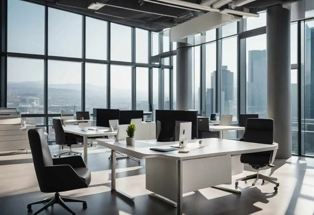 Corporate office interior design with modern furniture and expansive city views.