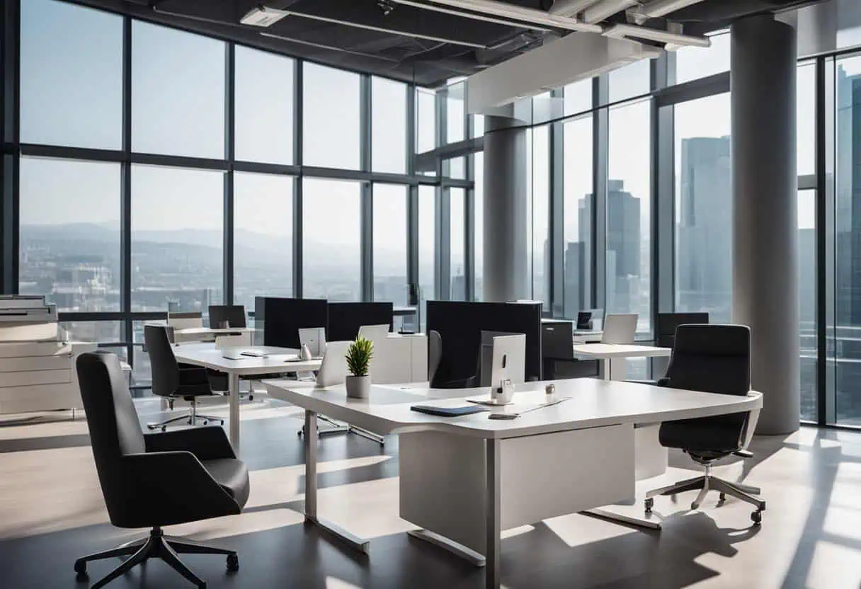 Corporate office interior design with modern furniture and expansive city views.