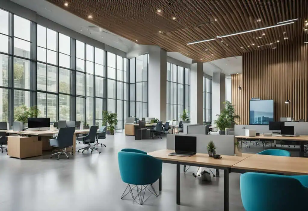 Office interior with large windows, contemporary furniture, and wooden ceiling accents.