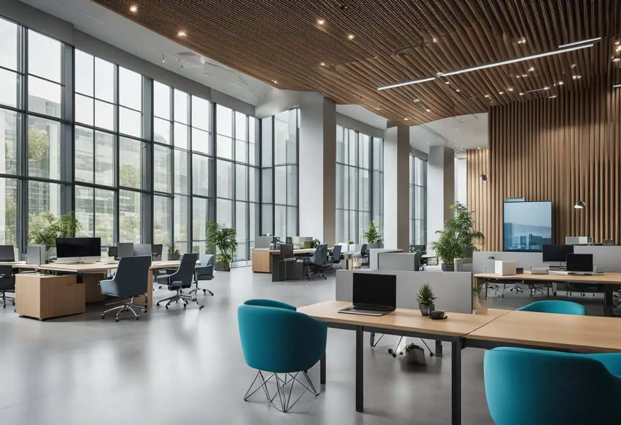 Office interior with large windows, contemporary furniture, and wooden ceiling accents.