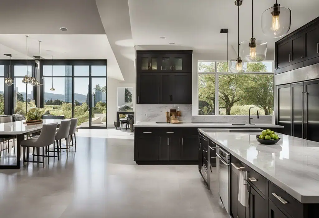Elegant black kitchen cabinetry with spacious countertops and natural light.
