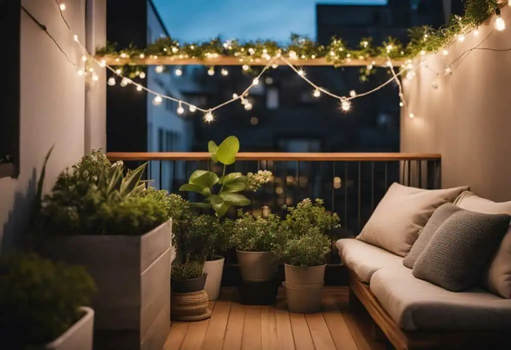 Balcony design with warm string lights, comfortable seating, and lush plants for a relaxing outdoor.