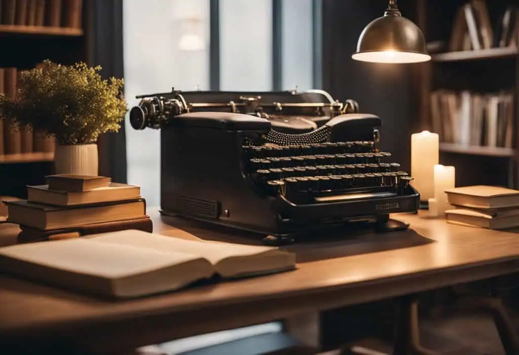 Typewriter on cozy office desk with books and warm lighting.