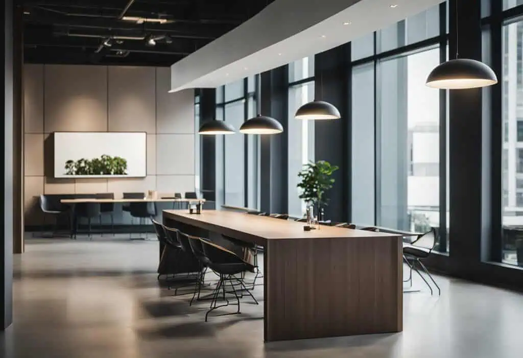 Office counter table with sleek, contemporary style in a spacious, well-lit environment.