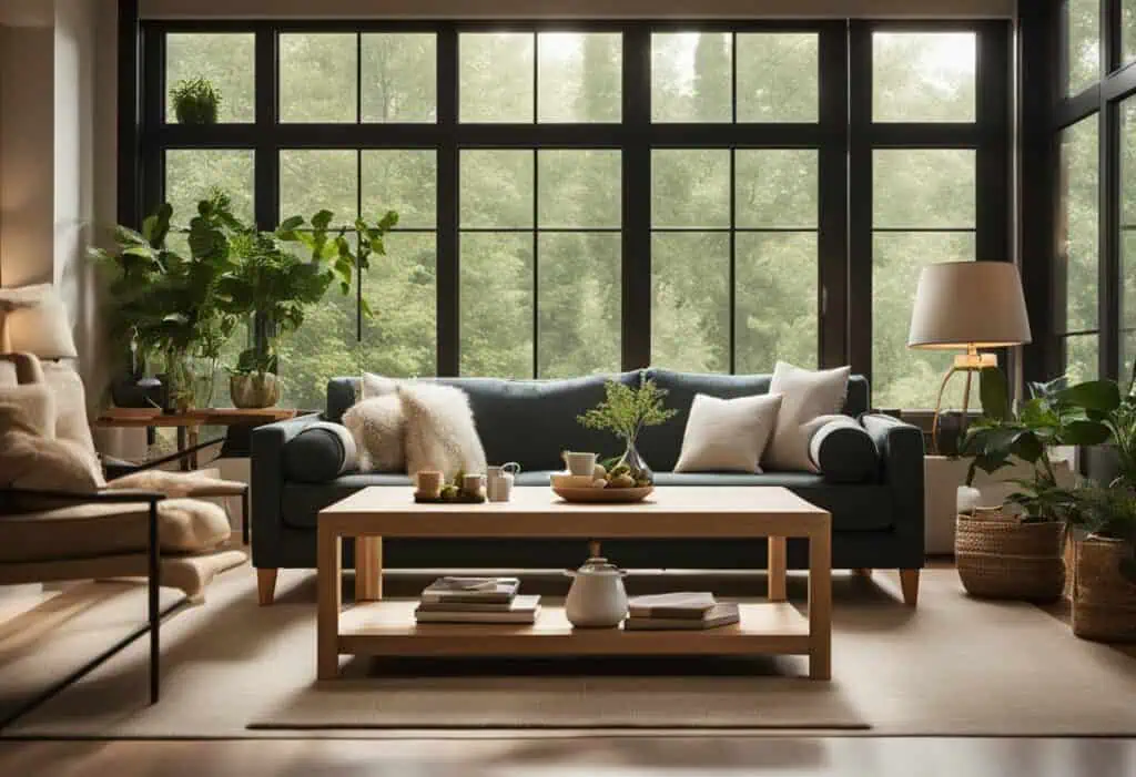 Rustic living room featuring large windows, cozy furniture, and lush indoor plants for a warm, invit.