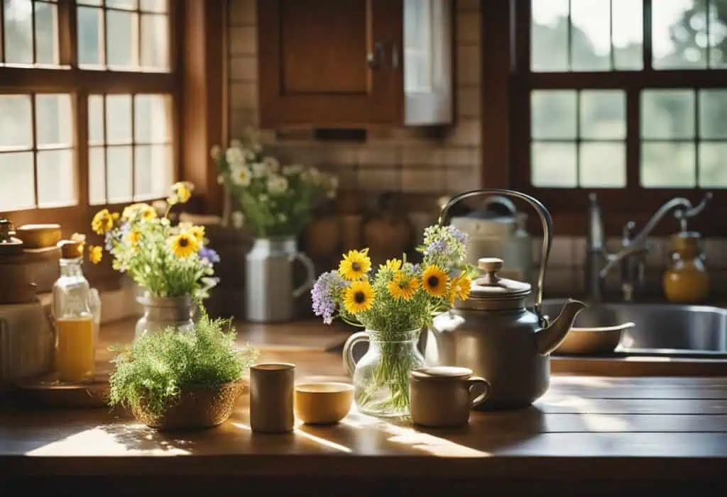 Cozy country kitchen featuring a wooden countertop, fresh flower arrangements, and rustic decor for.