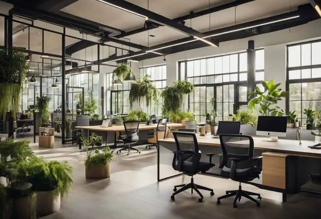 Bright coworking space with plants and large windows for inspiring collaboration.