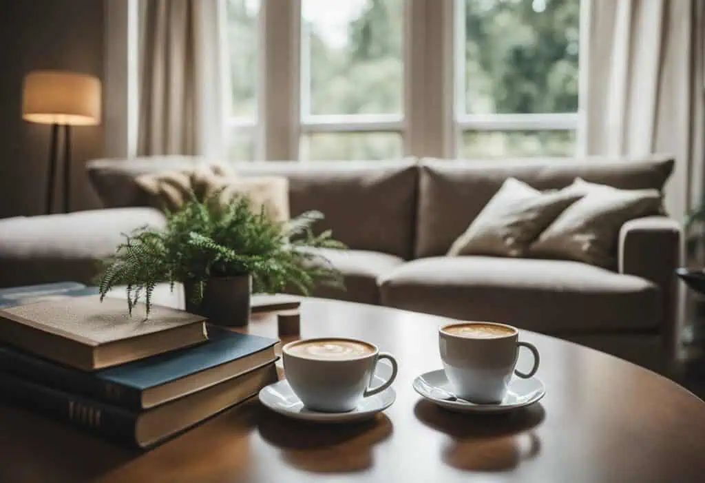 Bright living room featuring comfortable sofa and large windows for a warm, inviting atmosphere.