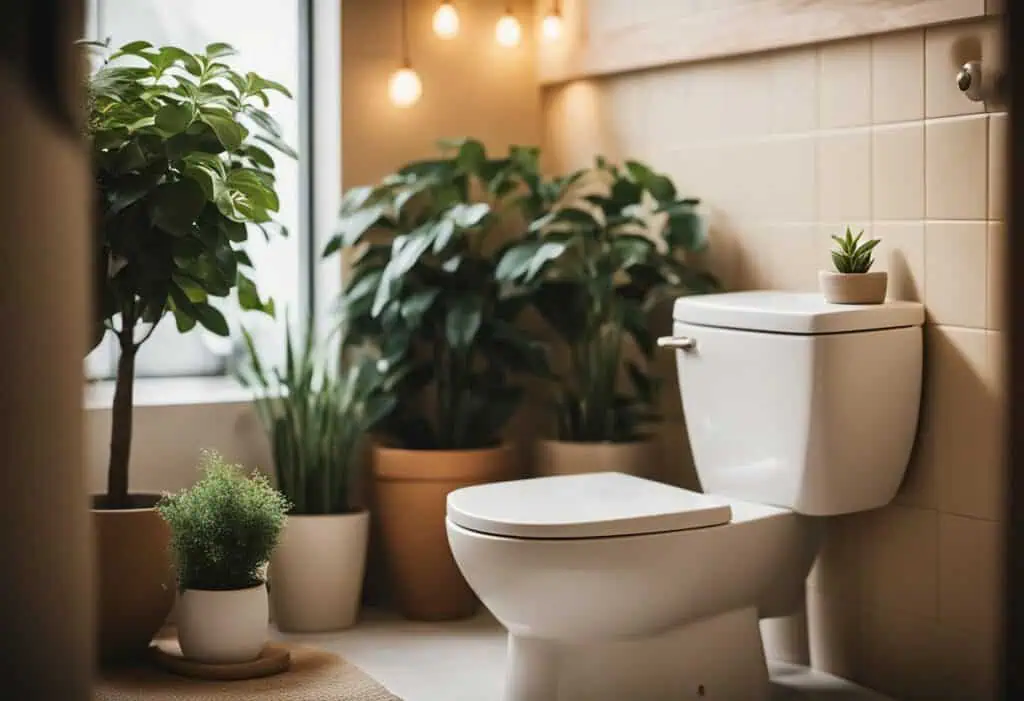 Inviting bathroom with lush green plants and warm lighting for a cozy toilet space.