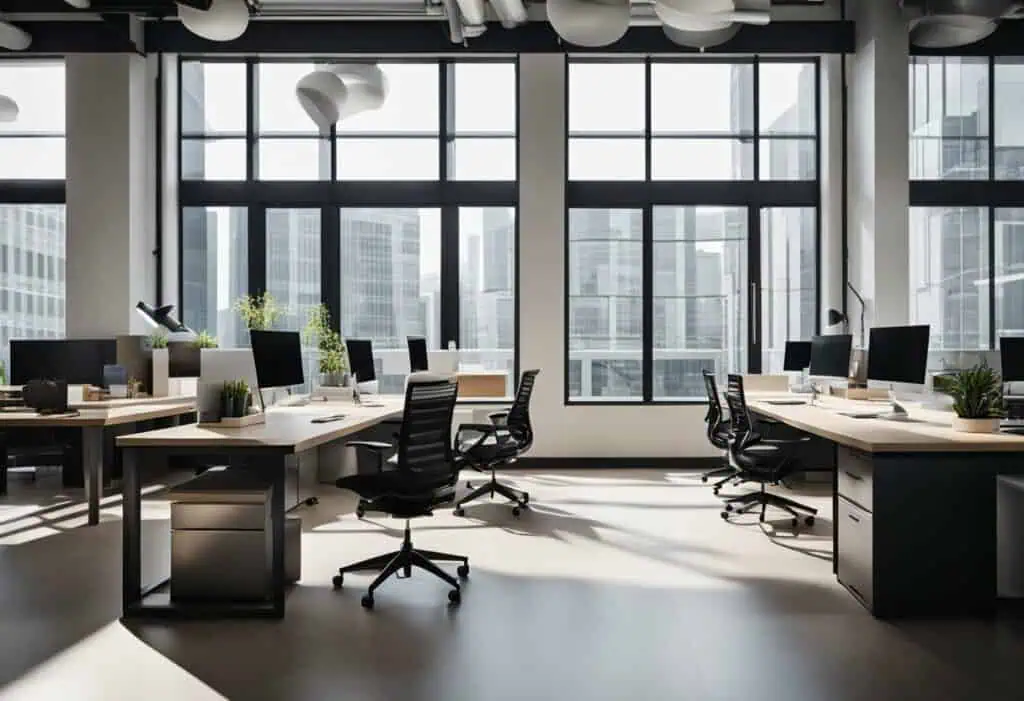 Bright office with large windows, modern desks, and ergonomic chairs for a productive work environme.