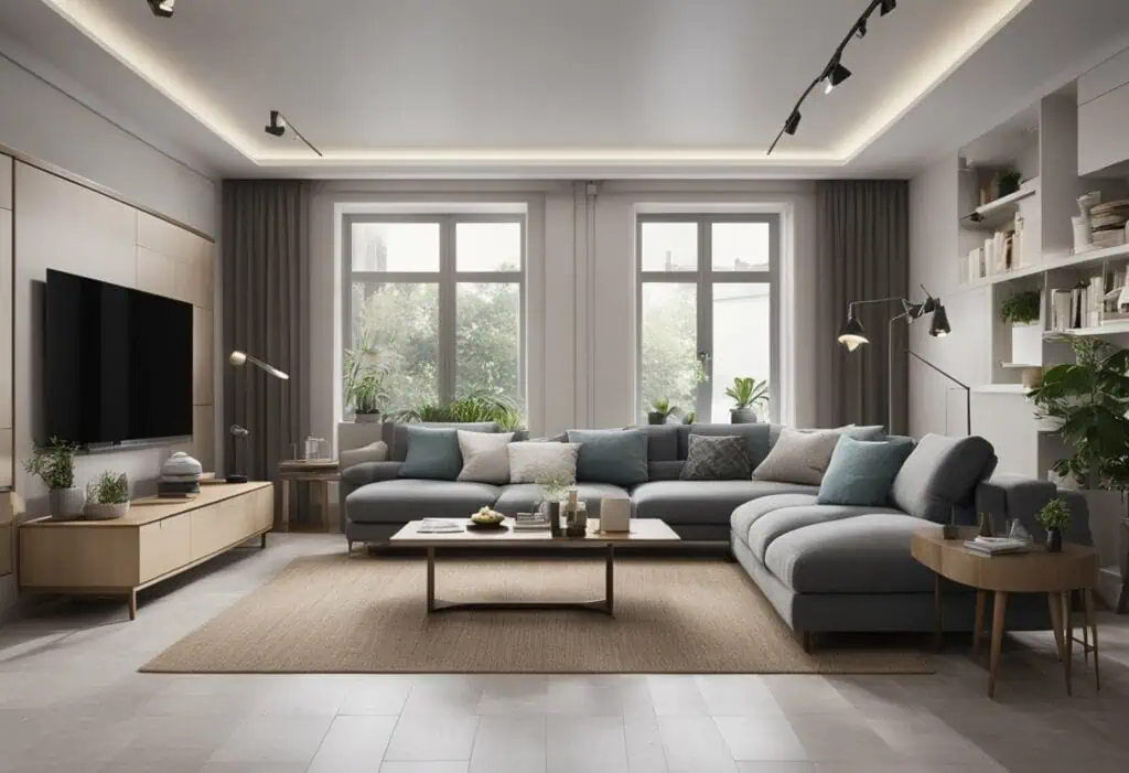 Bright and inviting living space featuring a stylish sofa, large windows, and contemporary decor for.