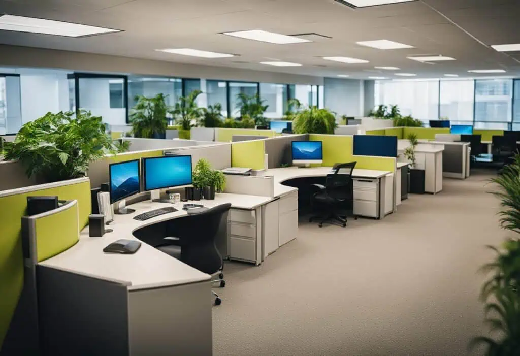Office cubicle workspace with plants, computers, and ergonomic chairs for a productive environment.