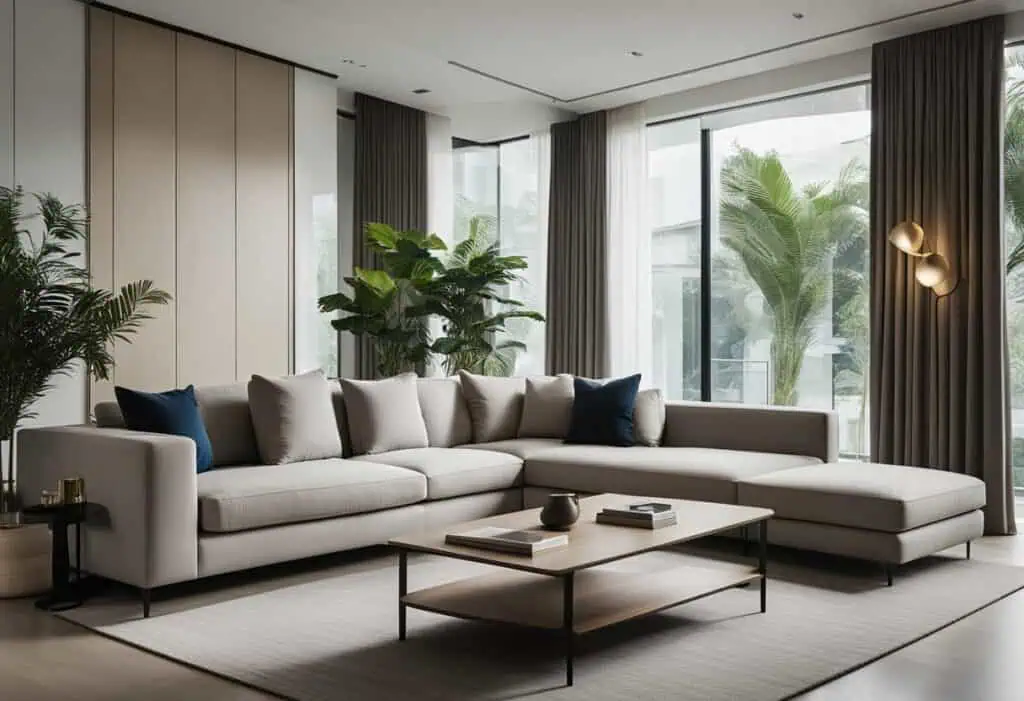 Elegant modern sofa with neutral tones and stylish cushions in a bright, contemporary living space.