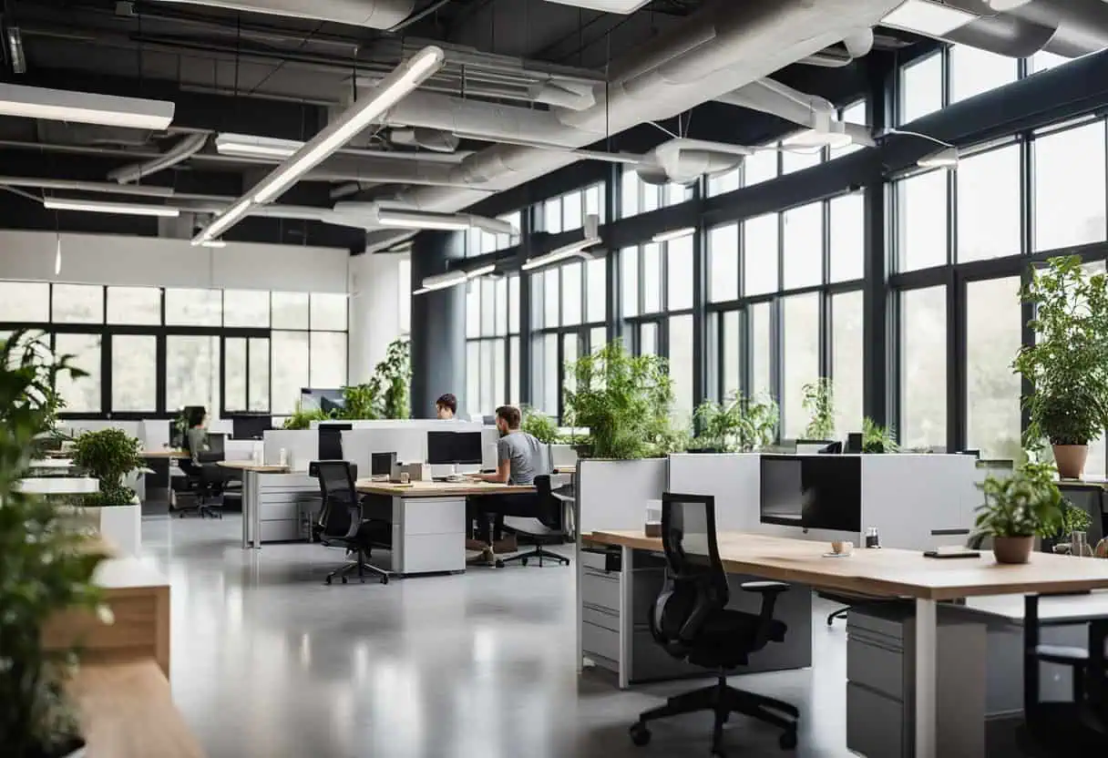 Bright office interior with large windows, ergonomic desks, and lush plants promoting productivity a.