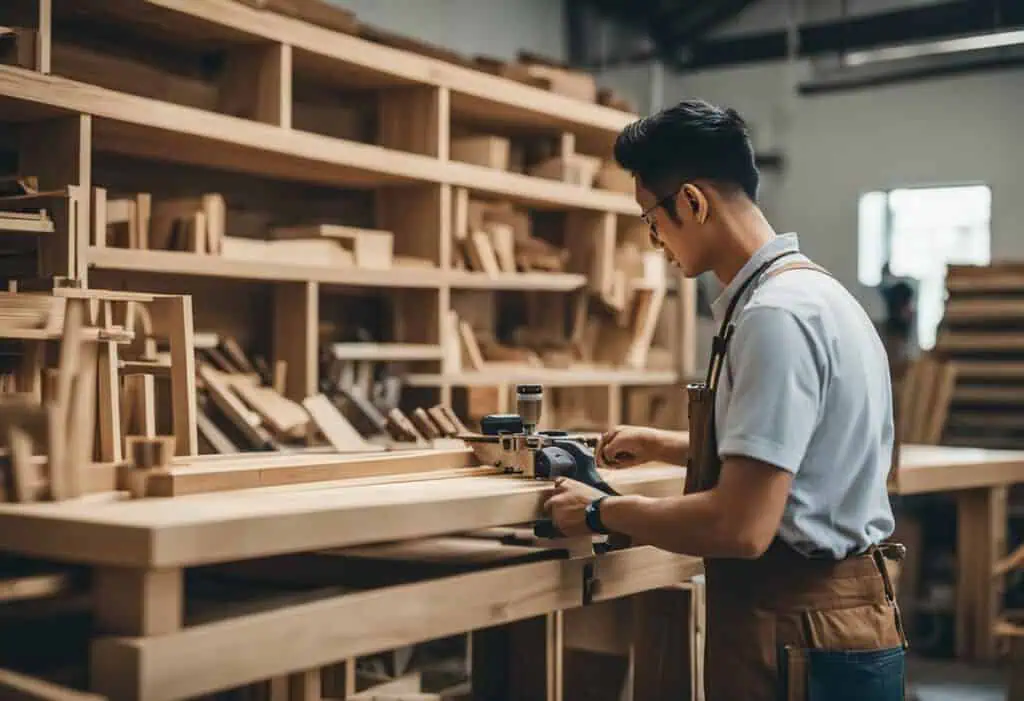 Skilled carpenter working on custom wood projects in Singapore workshop.