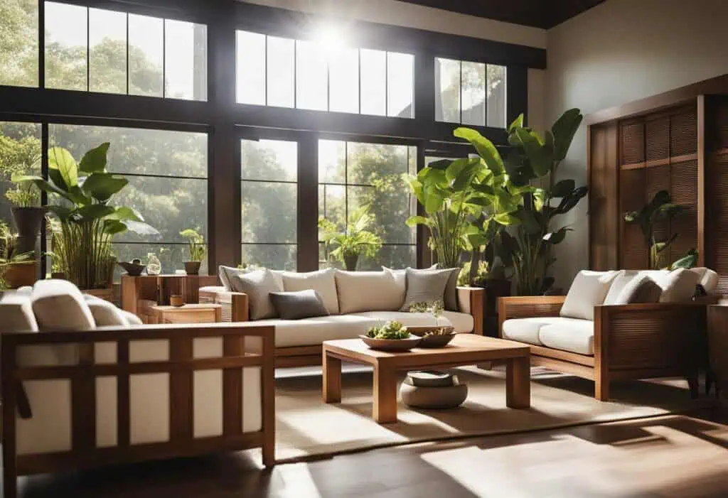 Teak furniture in a stylish living room setting, showcasing custom-made pieces with natural wood fin.