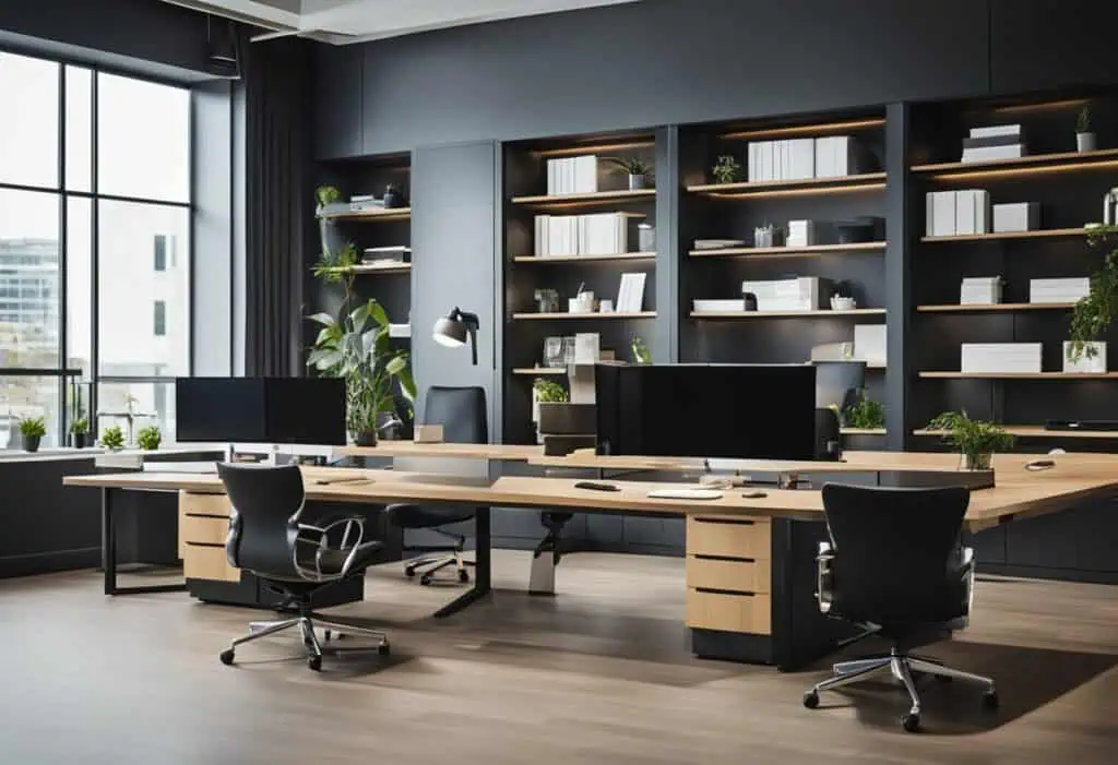 Contemporary office desk setup with custom furniture in a sleek, modern workspace.