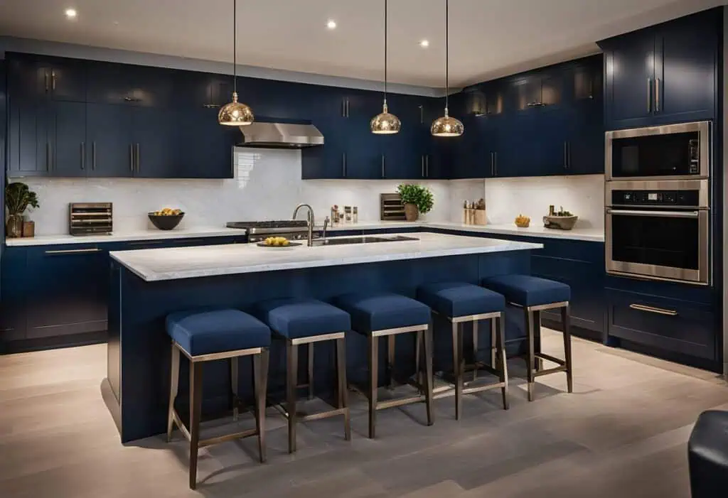 Elegant dark blue kitchen with sleek cabinetry and a spacious island for cooking and entertaining.