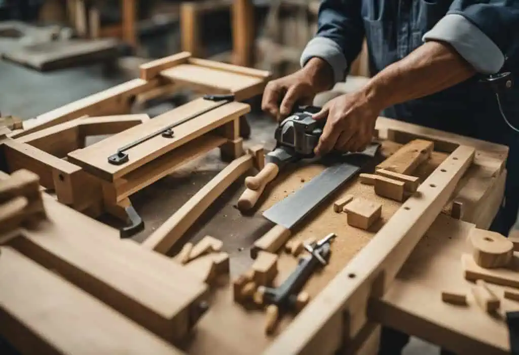 Handyman using a power tool on wood in a carpentry workshop.