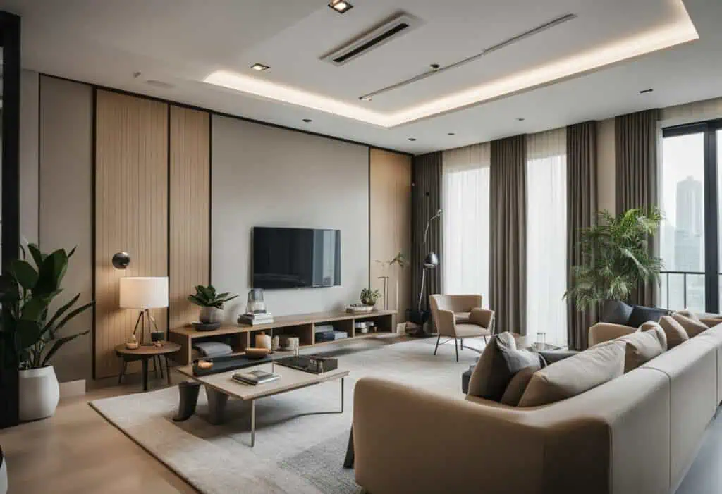 Spacious living room featuring contemporary furniture, large windows, and elegant decor for a luxuri.