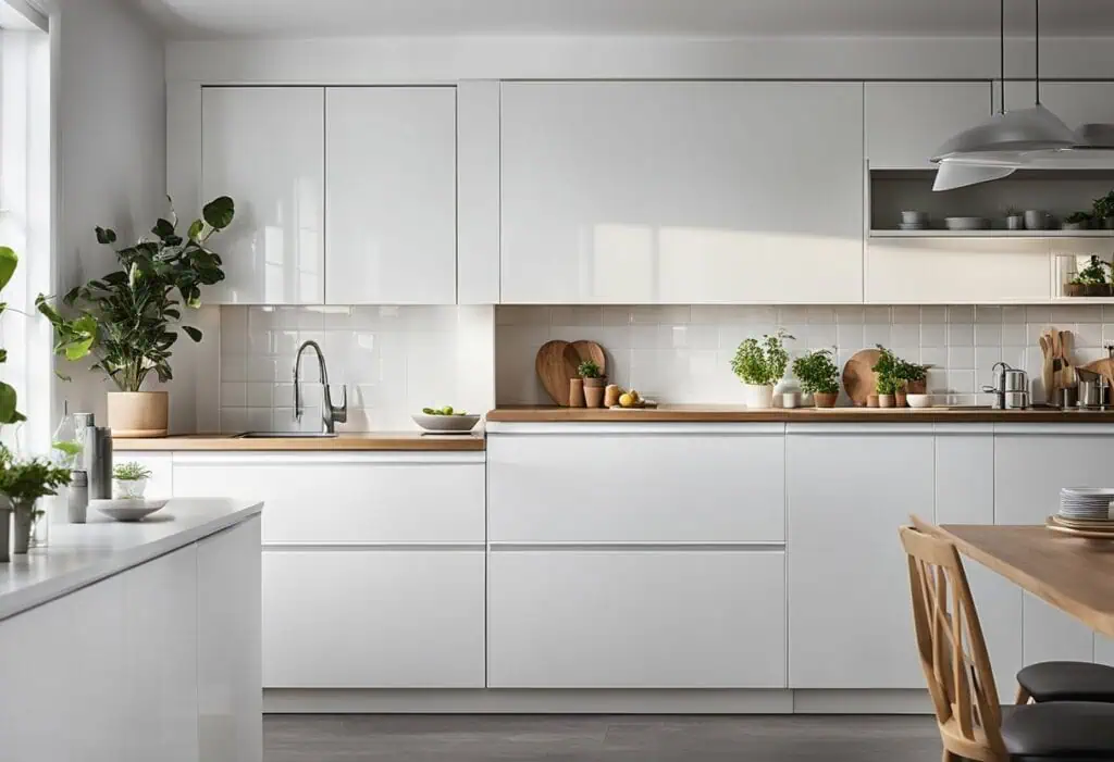 Elegant white kitchen cabinets with sleek design and greenery accents.
